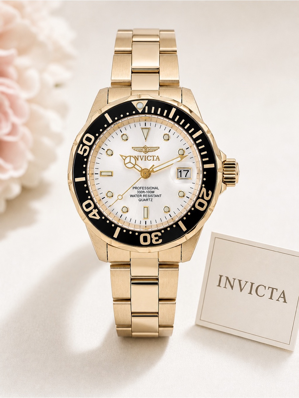 NWT Invicta Pro Diver Gold Tone Watch White Dial 100M Date Window w/ Box
